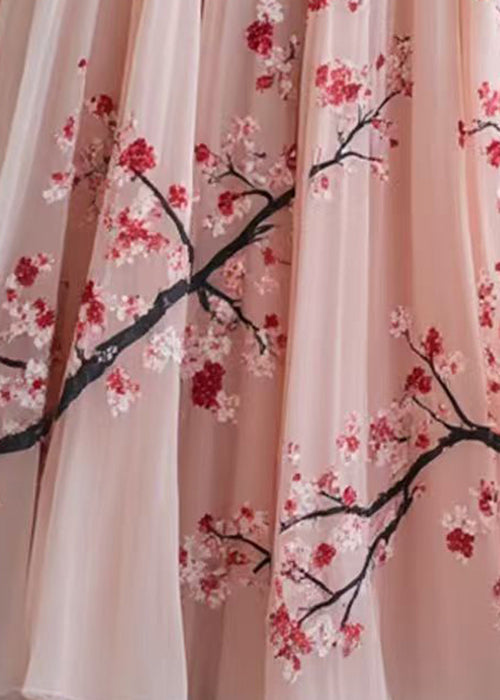 Elegant Pink Print Elastic Waist Chiffon Pleated Skirt Summer