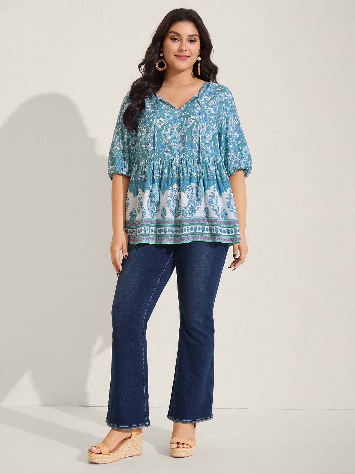 Boho Floral Print Color Contrast Blouse
