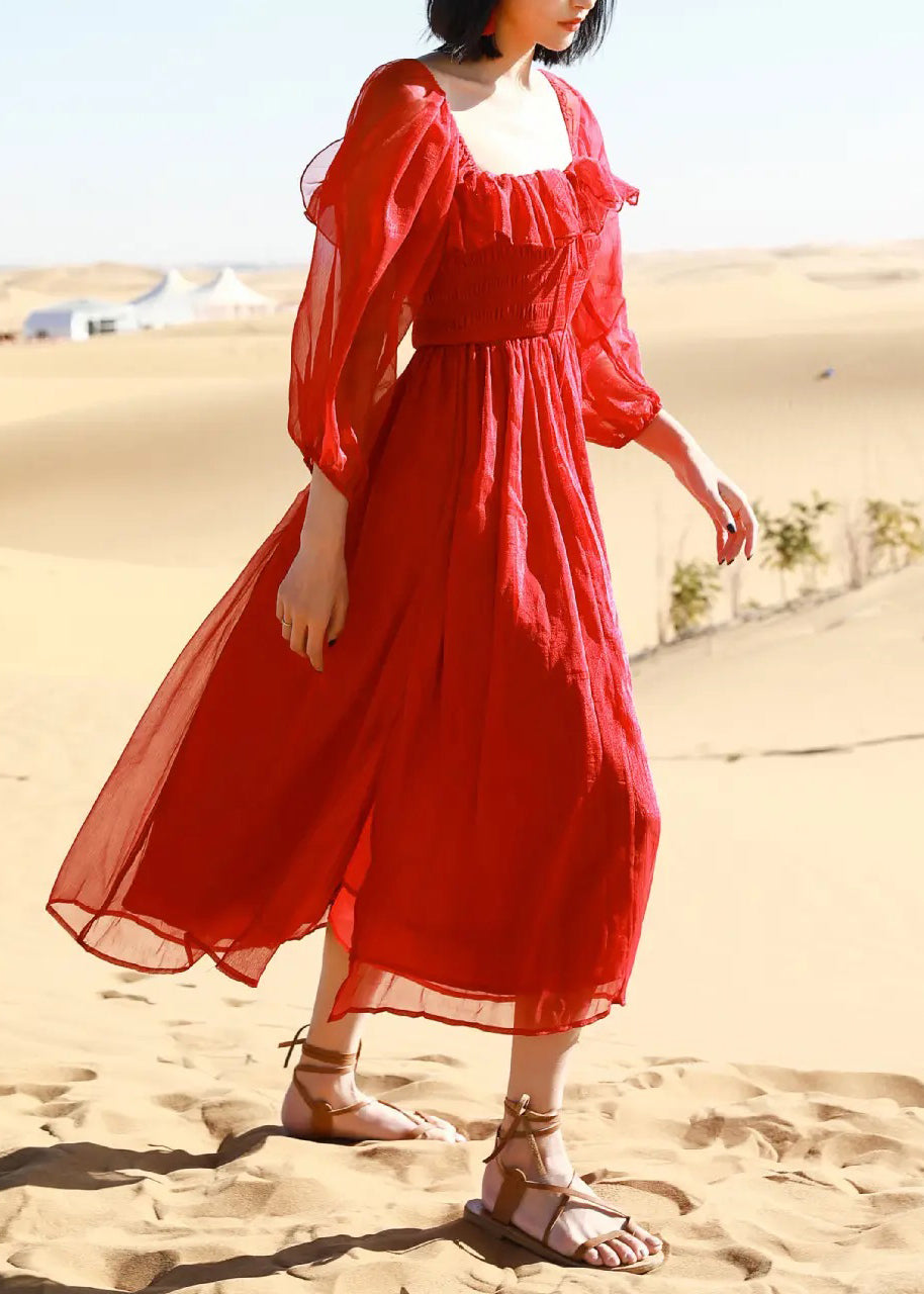 New Red Square Collar Side Open Cotton Beach Dress Puff Sleeve
