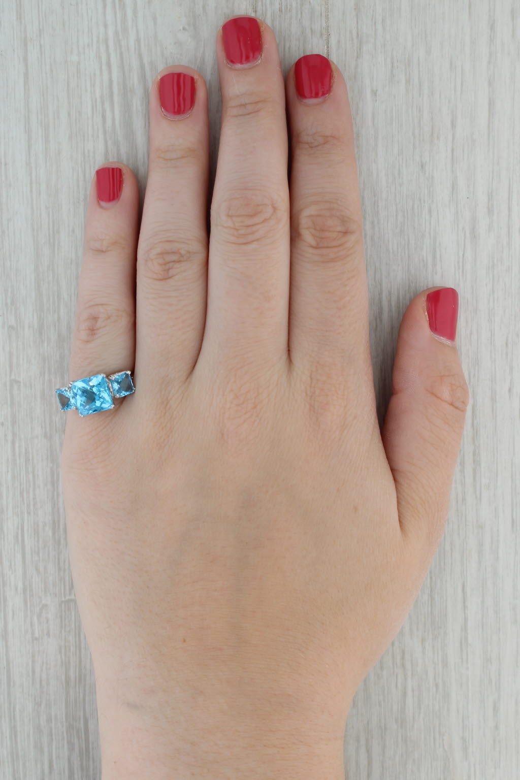 6.37ctw Blue Topaz 3-Stone Ring 10k White Gold Size 7 Diamond Accents