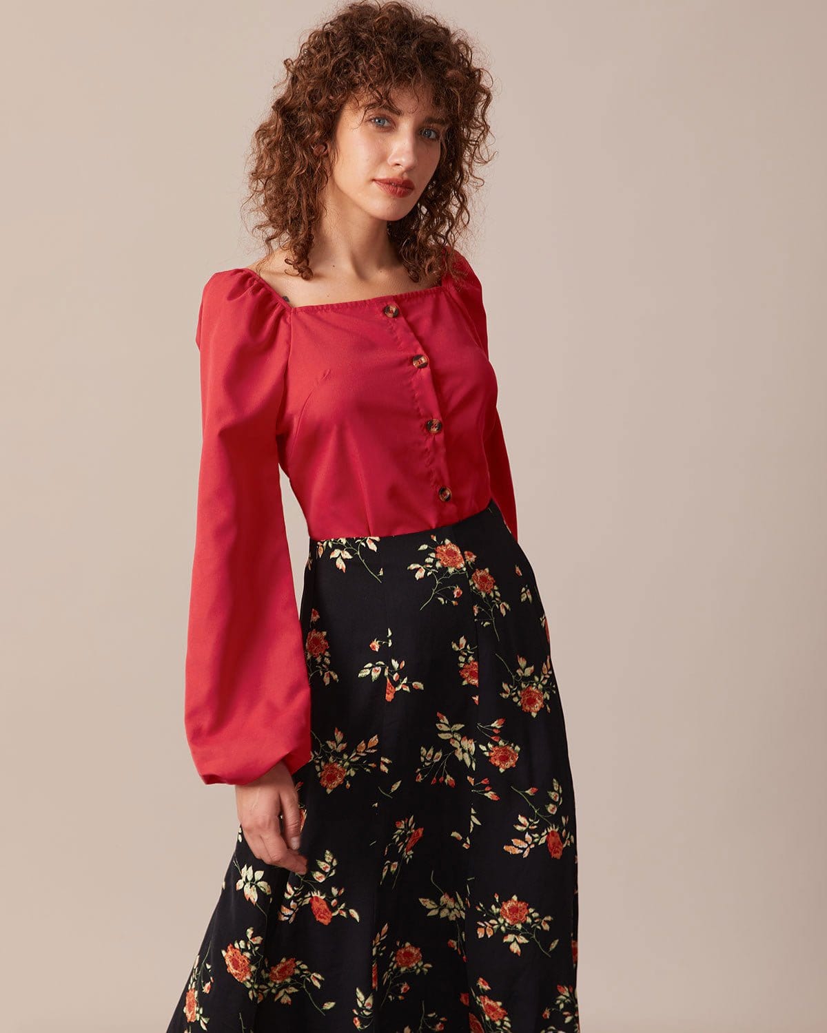 The Red Square Neck Button Puff Sleeve Blouse