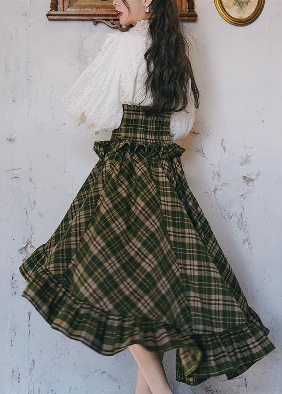 New White Ruffled Tops And Plaid Skirts Two Pieces Set Lantern Sleeve