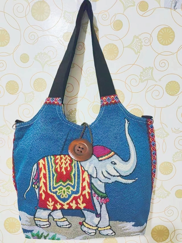 Women's Large Canvas Elephant Ethnic Style Square Zipper Shoulder Bag