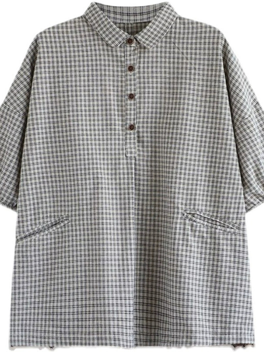 Plus Size Women Summer Vintage Plaid Turn-down Collar Shirt