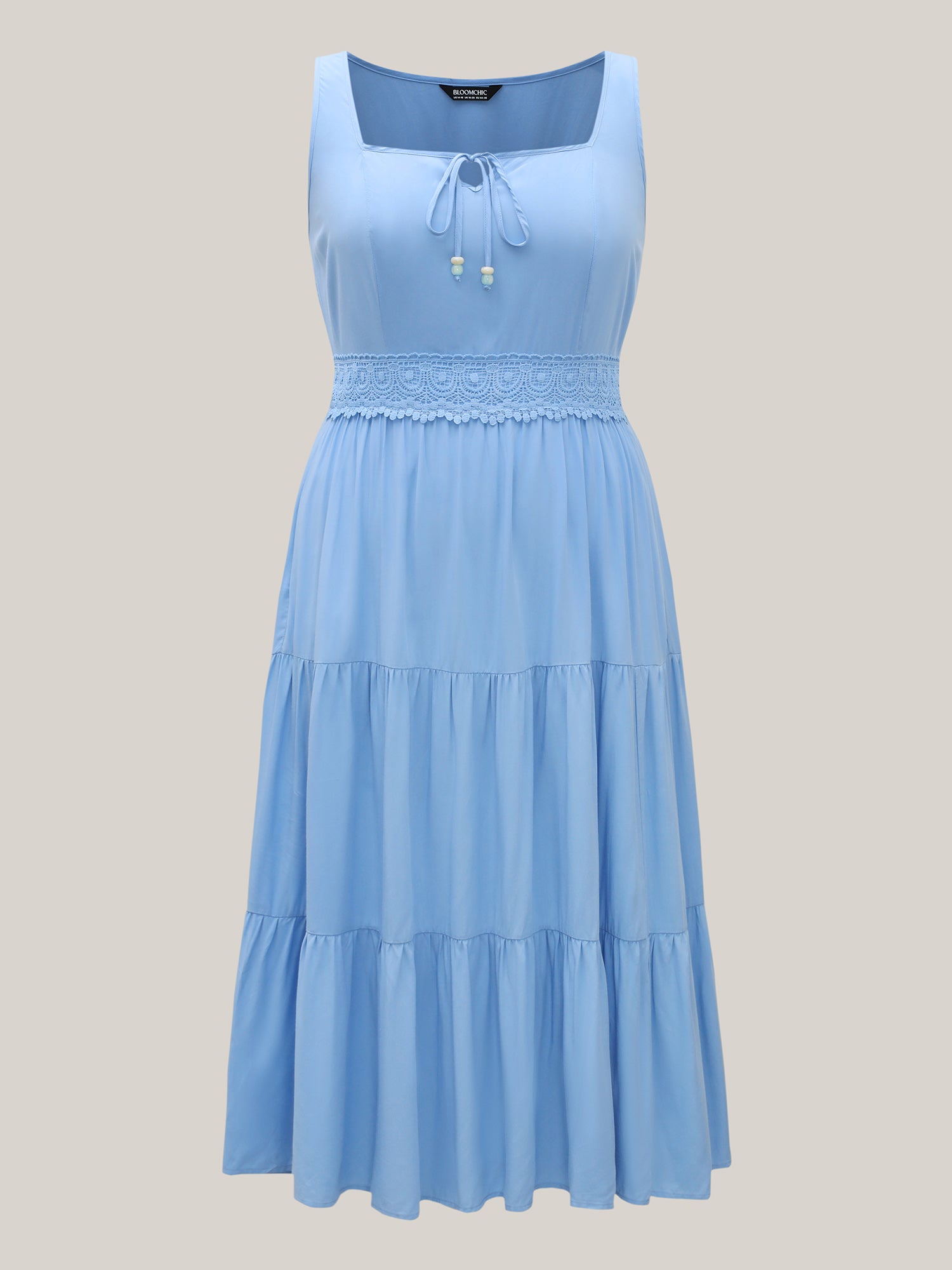 Lace Trim Neck Tie Solid Midi Dress