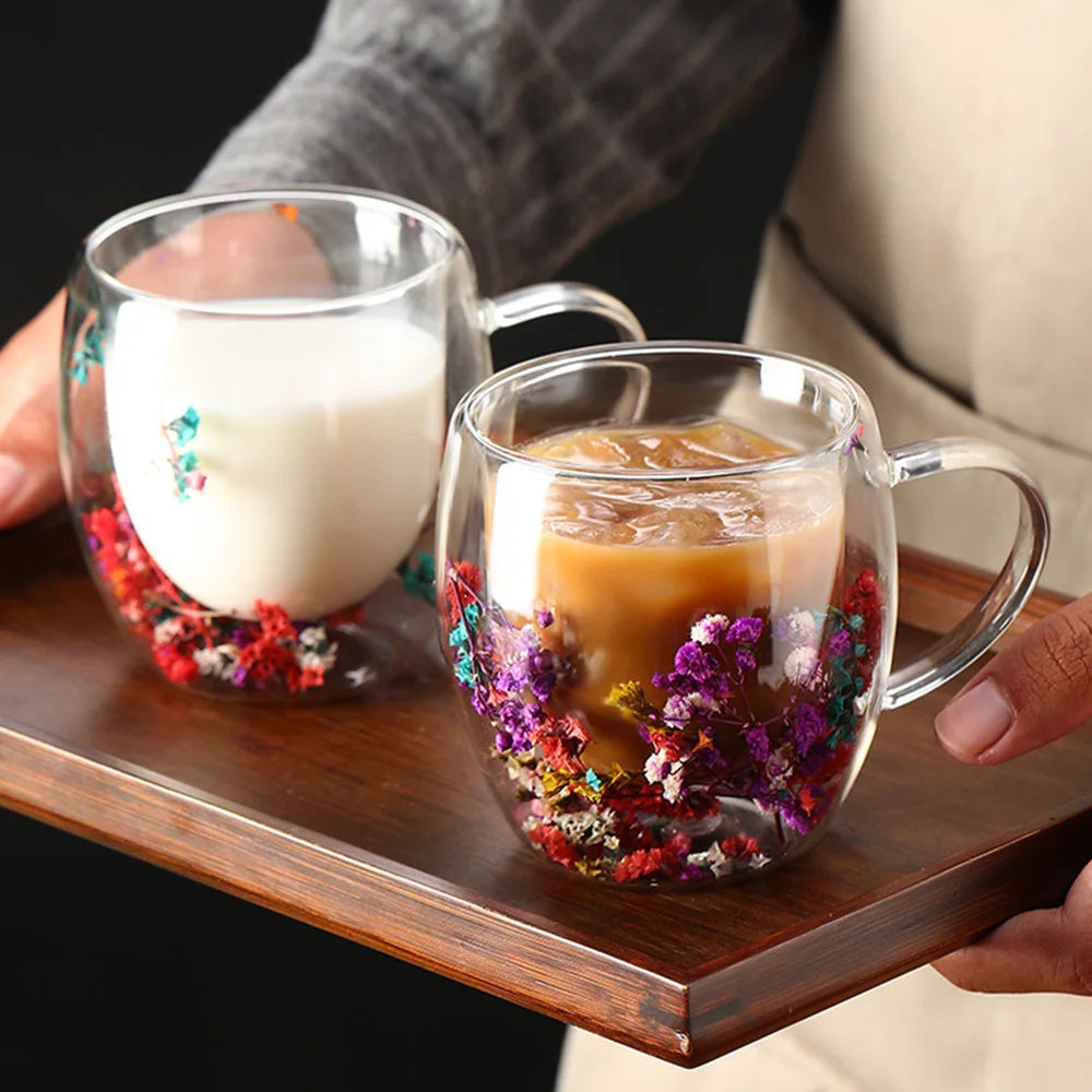 DRIED FLOWER DOUBLE WALL GLASS MUG - 250ML