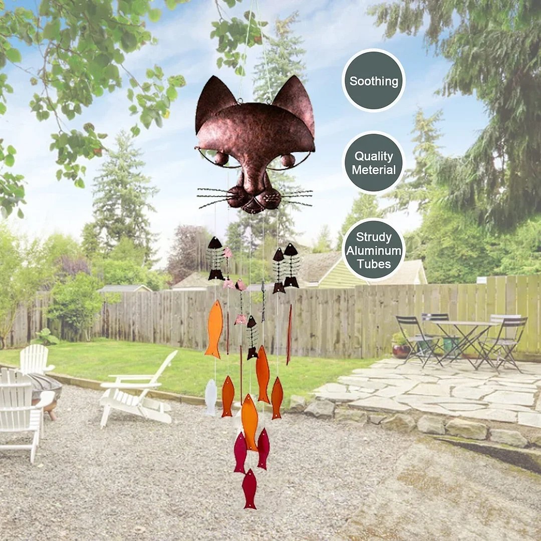 🔥49% OFF🐱Handcrafted Metal Cat and Recycled Glass Fish Wind Chime🎏