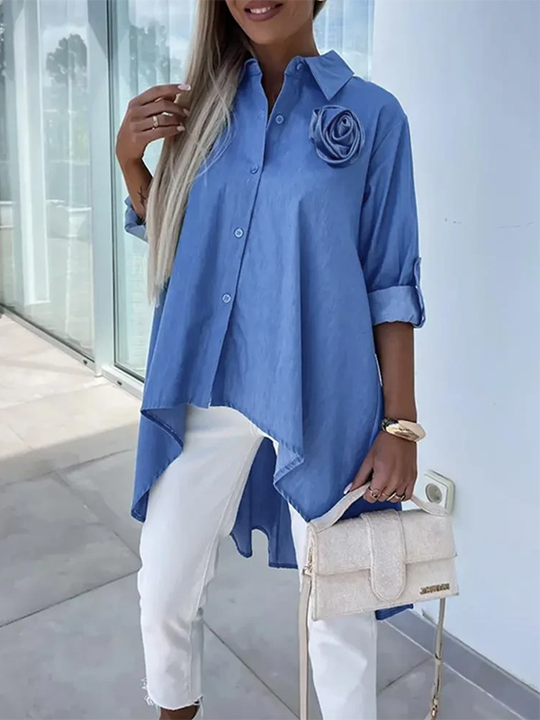 Half Sleeves High-Low Buttoned Pockets Solid Color Lapel Blouses&Shirts Tops