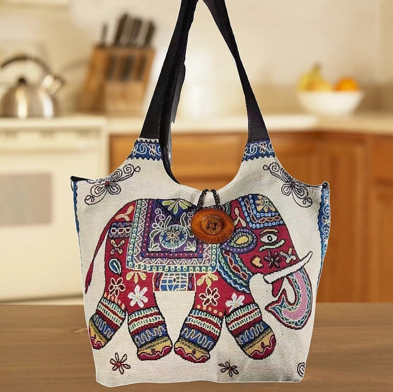 Women's Large Canvas Elephant Ethnic Style Square Zipper Shoulder Bag