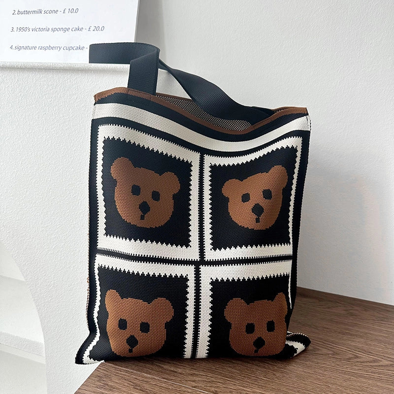 Niche Design Cute Panda Knitted Shoulder Bag Women's Versatile Large Capacity Shopping Commuter Tote Bag Women's Bag