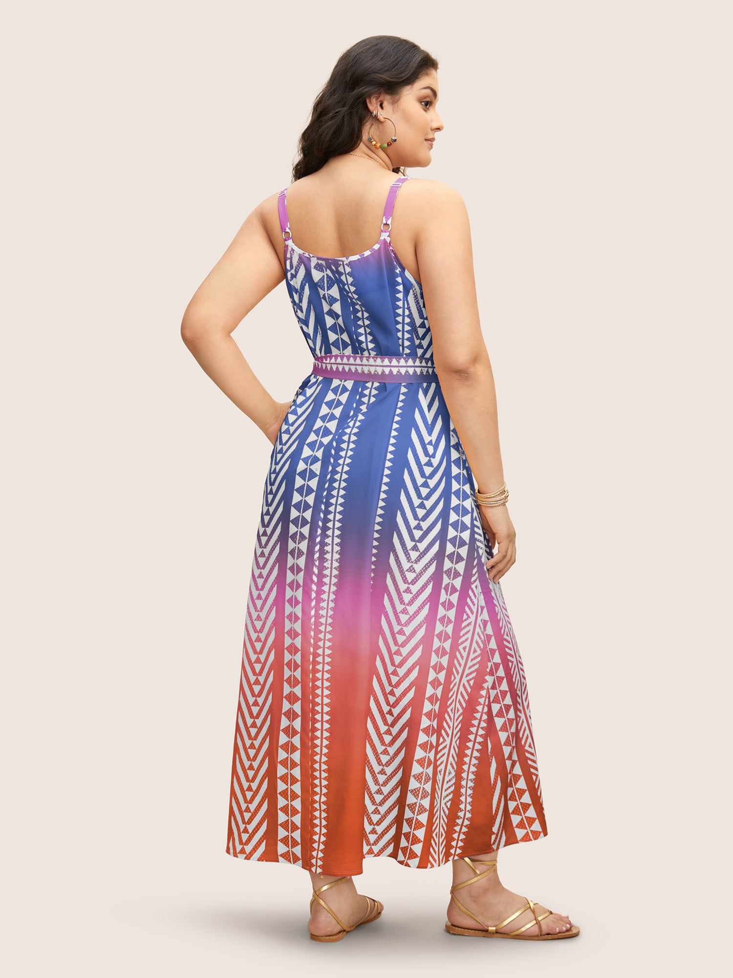 Ombre Contrast Geometric Belted Maxi Dress
