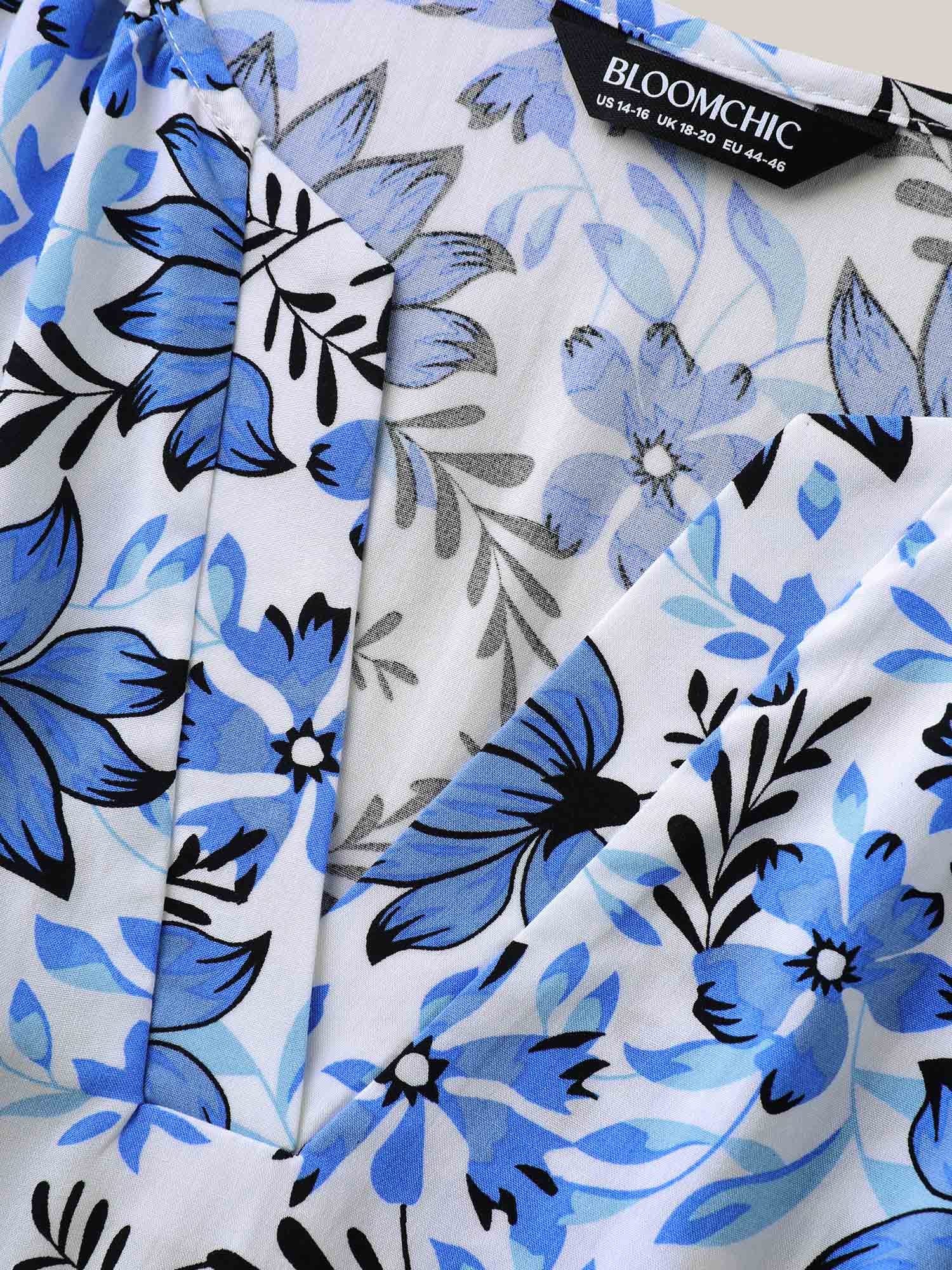 Floral Notched Collar Shirred Waist Blouse