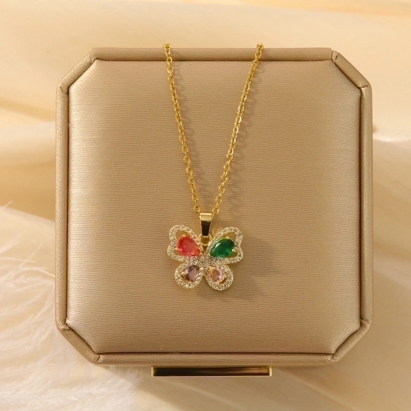 3 Pieces Lady Heart Shape Flower Titanium Steel Plating Inlay Zircon Gold Plated Pendant Necklace
