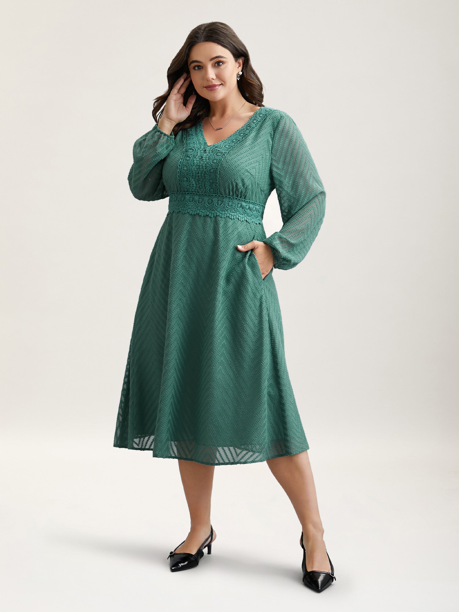 Sheer Textured Lace Detail Pockets Midi Dress