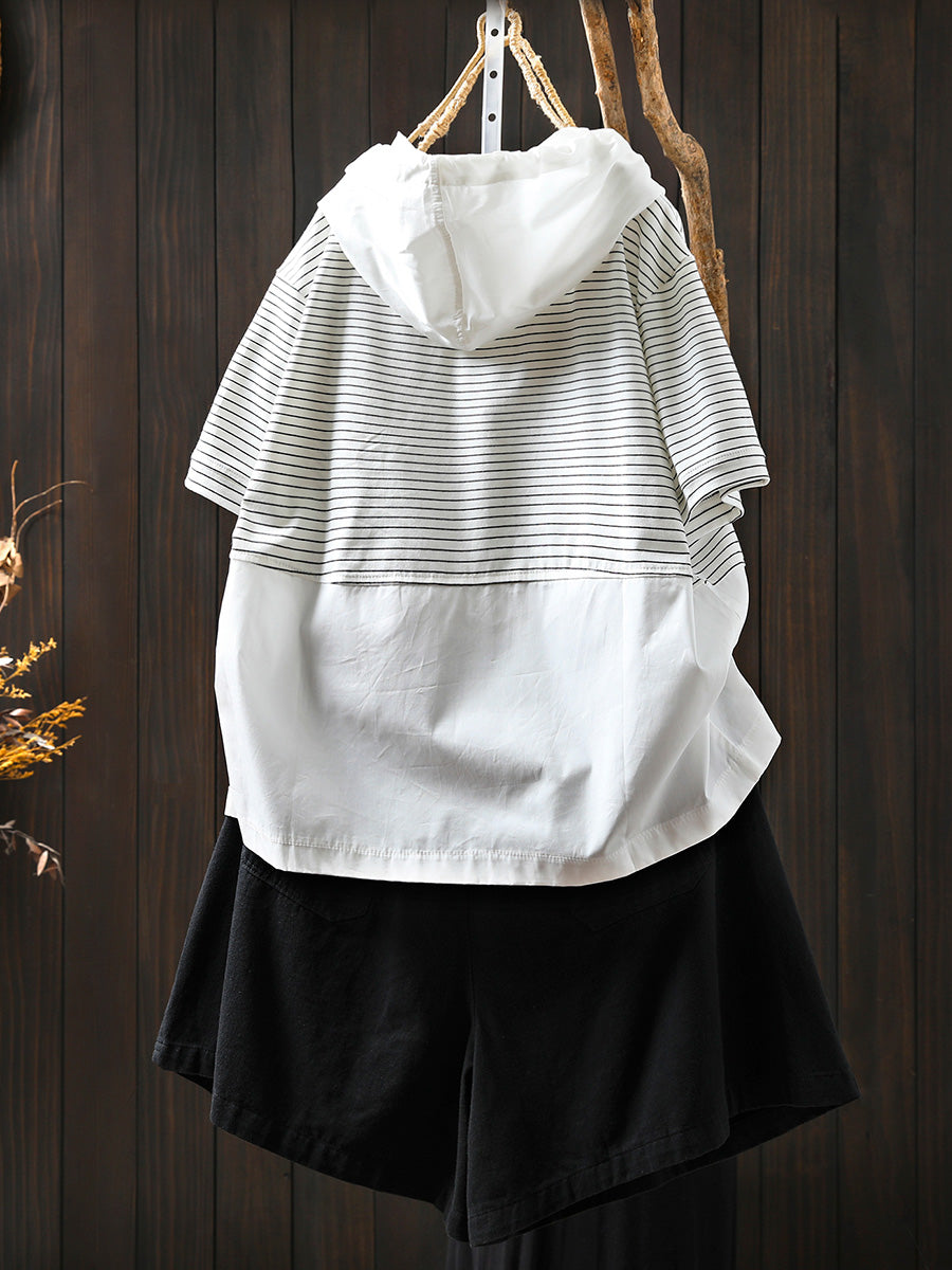 Women Summer Casual Stripe Spliced Hooded Cotton Shirt