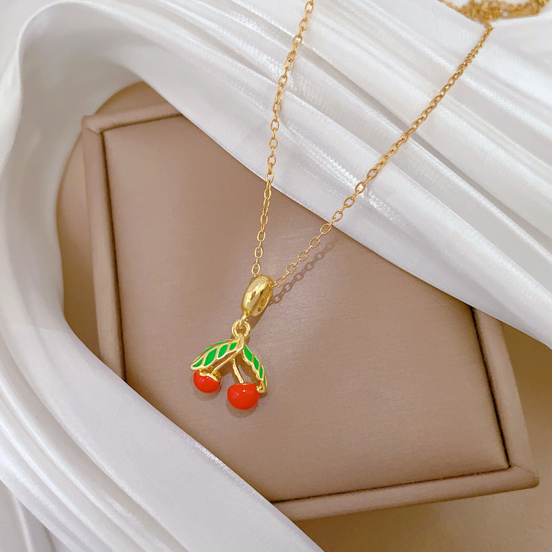 Green Leaf Cherry Oil Drop Fashion Gorgeous Full Diamond Necklace Women'S All-Match Clavicle Chain Titanium Steel