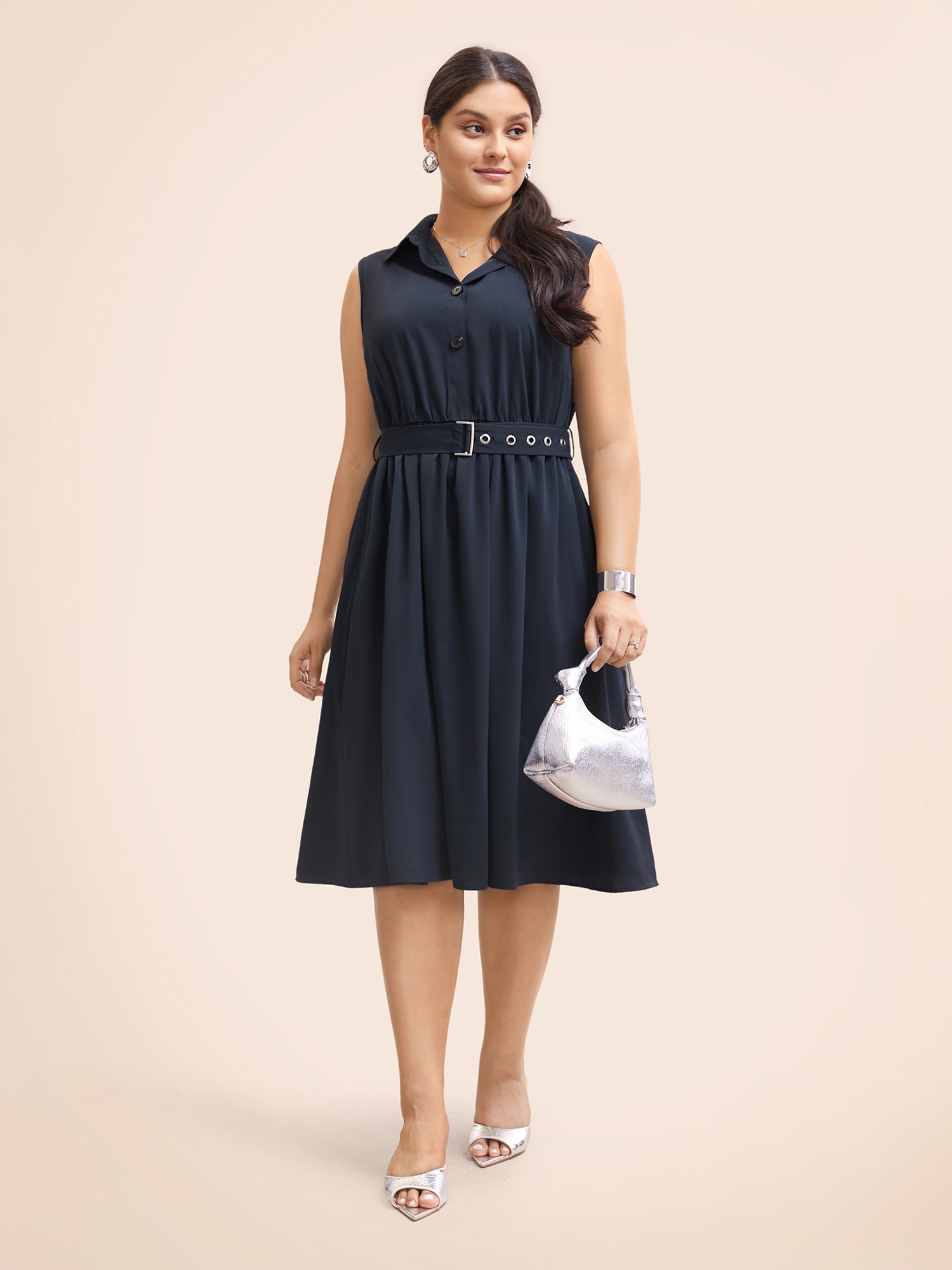 Shirt Collar Gathered Sleeveless Belted Dress