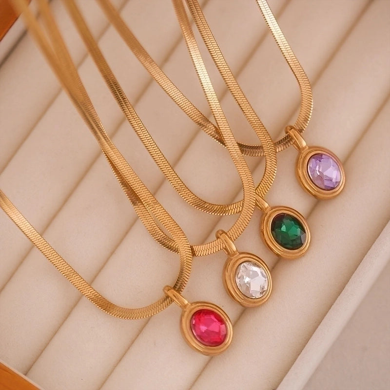 Stainless Steel 18K Gold Plated Lady Plating Inlay Oval Rhinestones Pendant Necklace