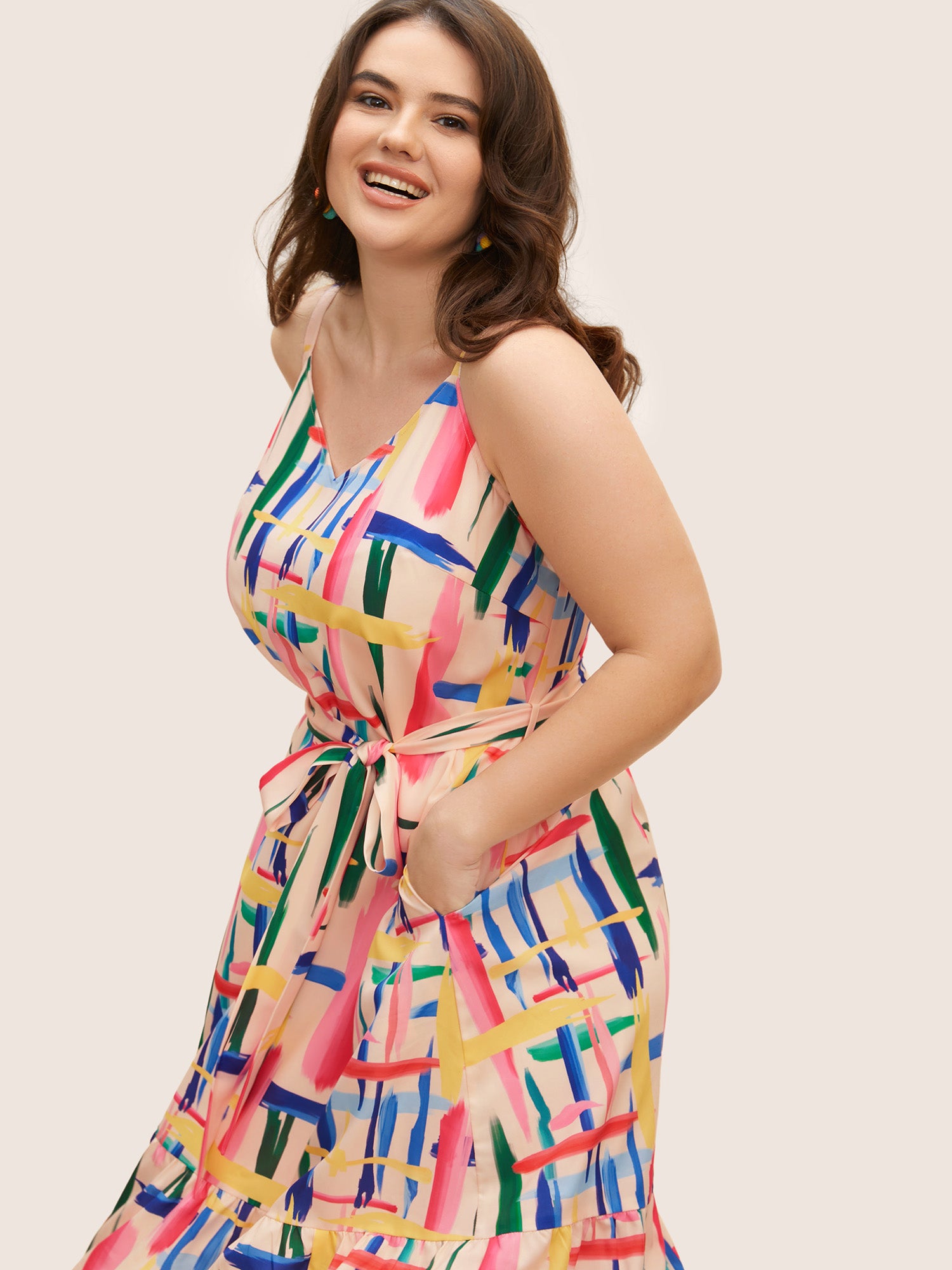 Colored Brush Print Belted Midi Cami Dress