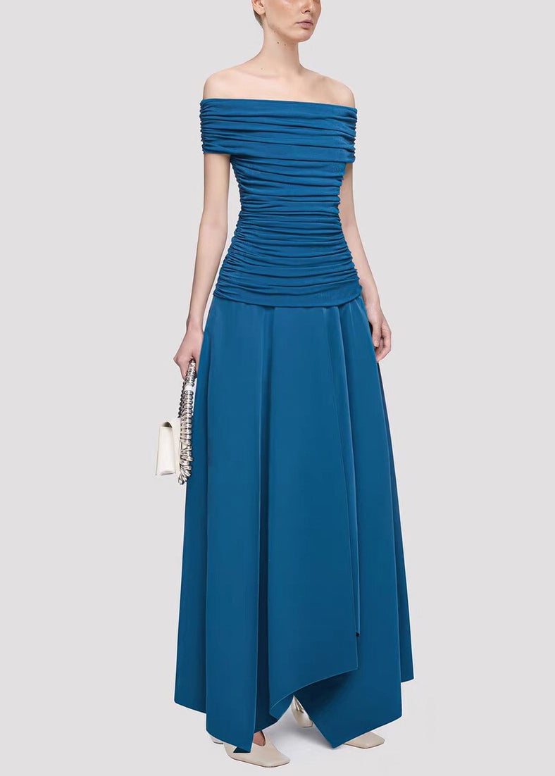 Blue Wrinkled Solid Cotton Knit Summer Long Dresses Slash Neck