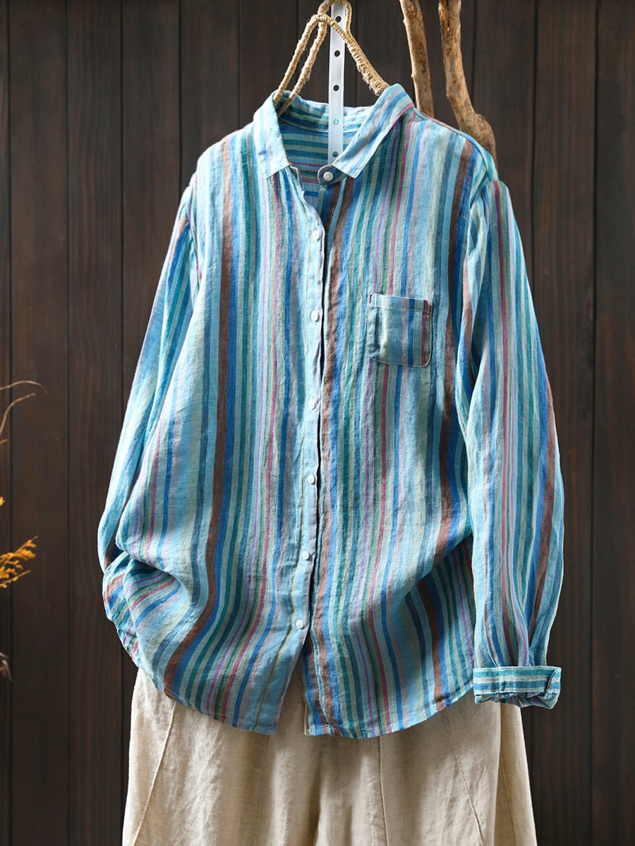 Women Summer Artsy Colorful Stripe 100%Linen Shirt