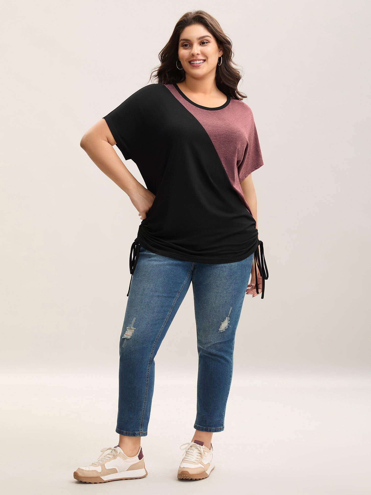 Color Block Ruched Drawstring T-Shirt
