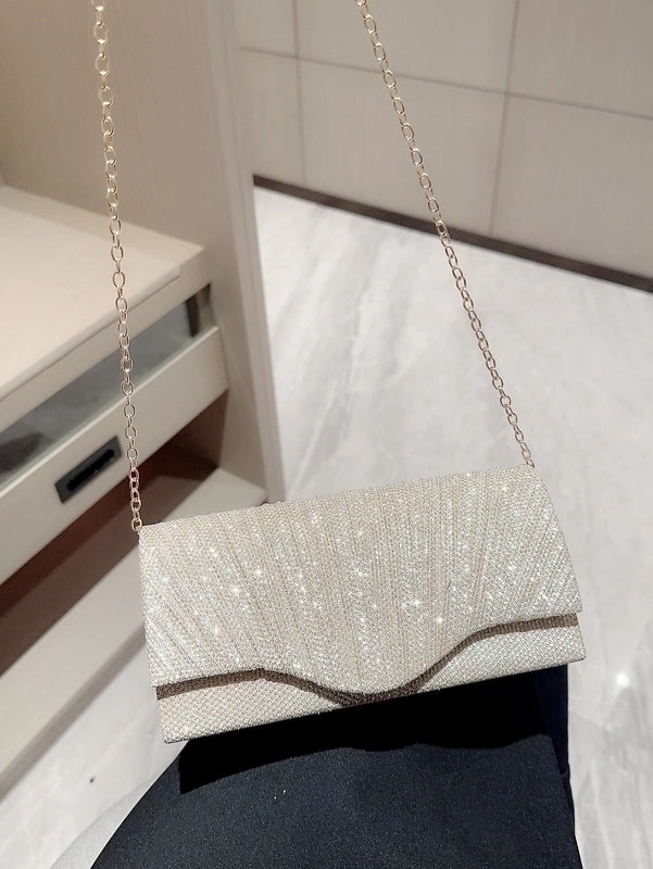 Apricot Silver Polyester Solid Color Rhinestone Square Evening Bags