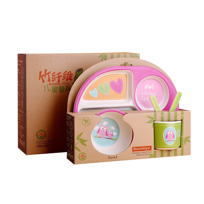 Creative Bamboo Fiber Children's Tableware Set 5-Piece Set Kindergarten Baby Eating Grid Plate Cartoon Rice Bowl