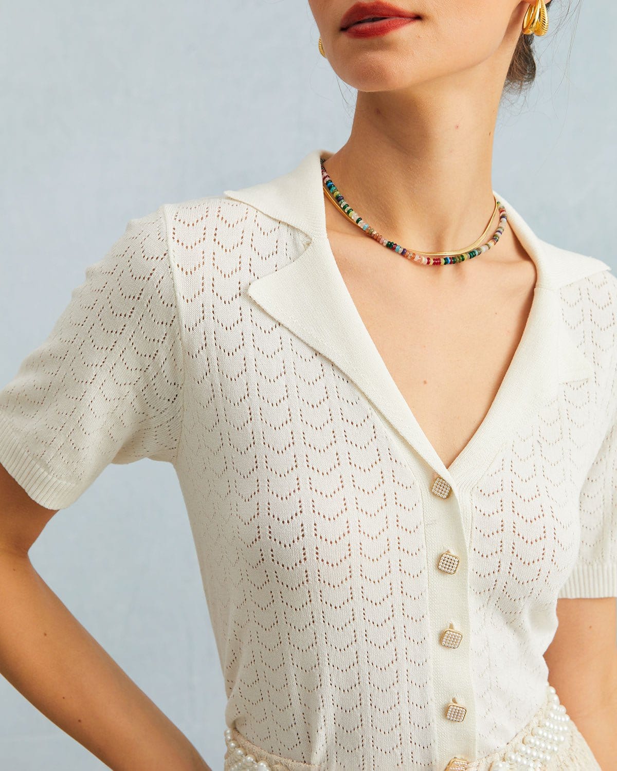 The White Collared Pointelle Knit Top