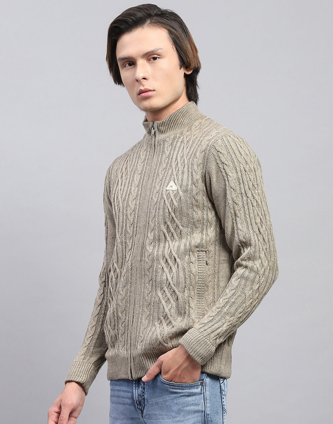 Men Beige Self Design Mock Neck Full Sleeve Jacket