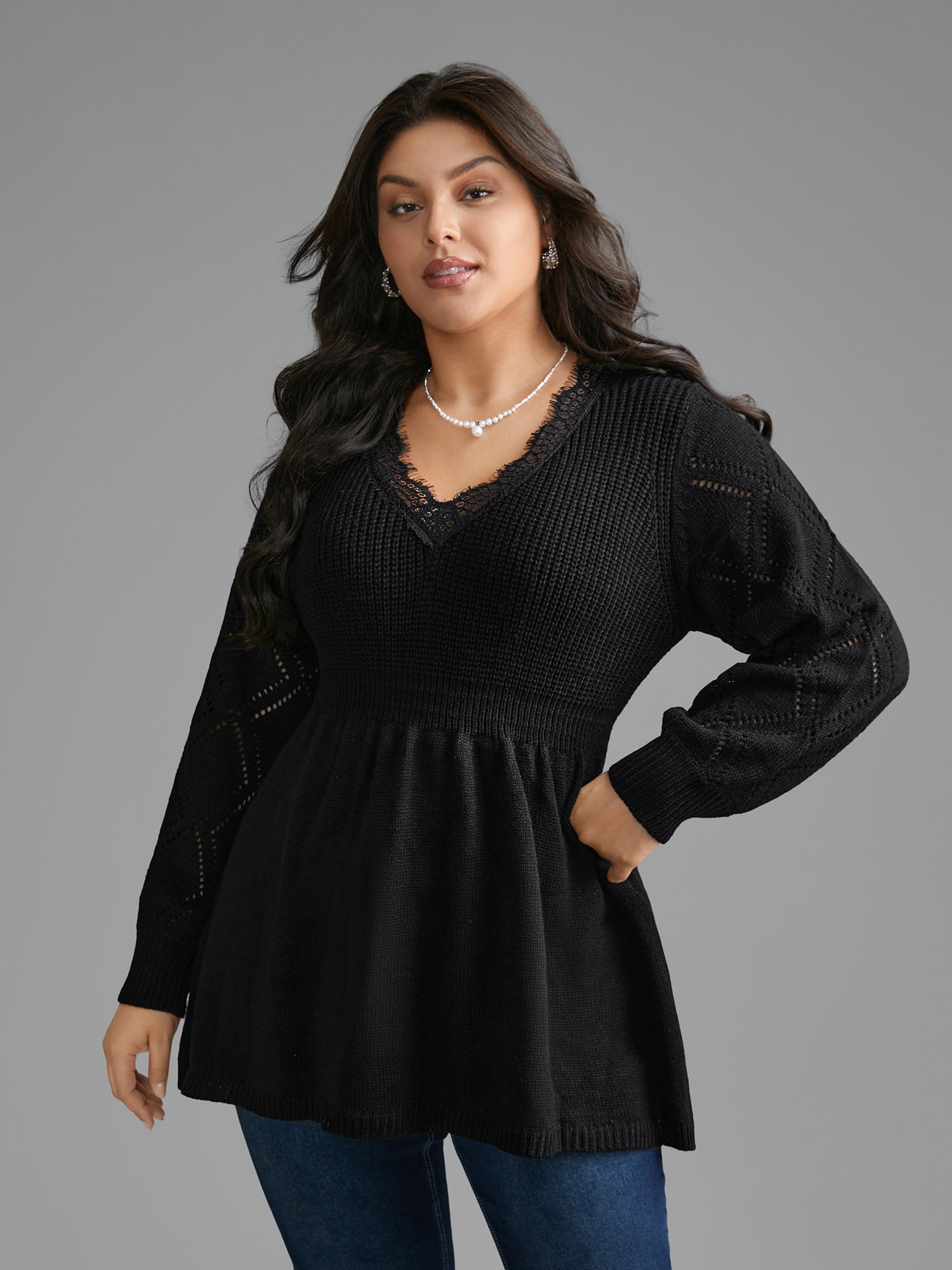 V Neck Lace Panel Lantern Sleeve Pullover