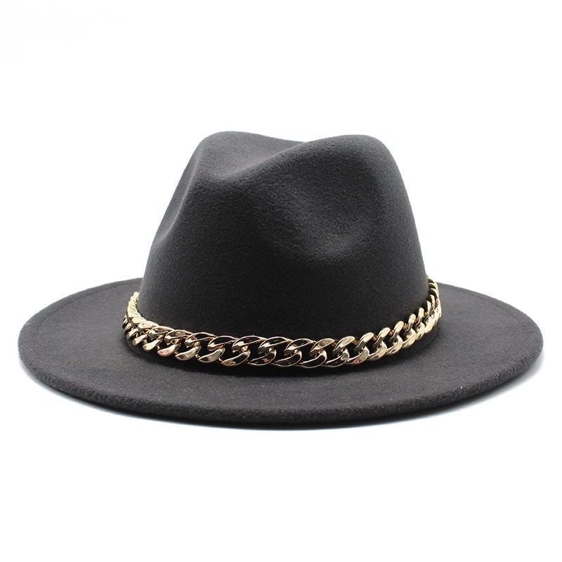Chain Accessories Panama Hat Autumn And Winter  Jazz Woolen Hat Women's Fashion Big Brim Soft Felt Hat