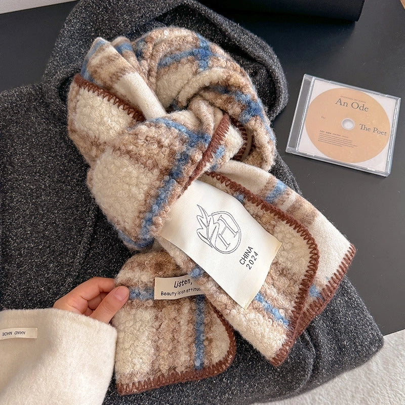 Atmosphere Color-Contrast Check Circle Hair Scarf Women's Winter Warm All-Matching Affordable Luxury Fashion Temperament Shawl