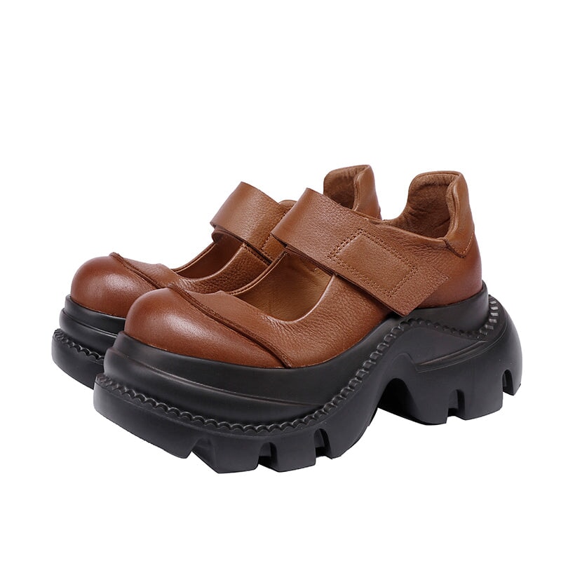 Vintage Style Cowhide 52mm Chunky Heel Platform Mary Jane Shoes in Black/Light Brown
