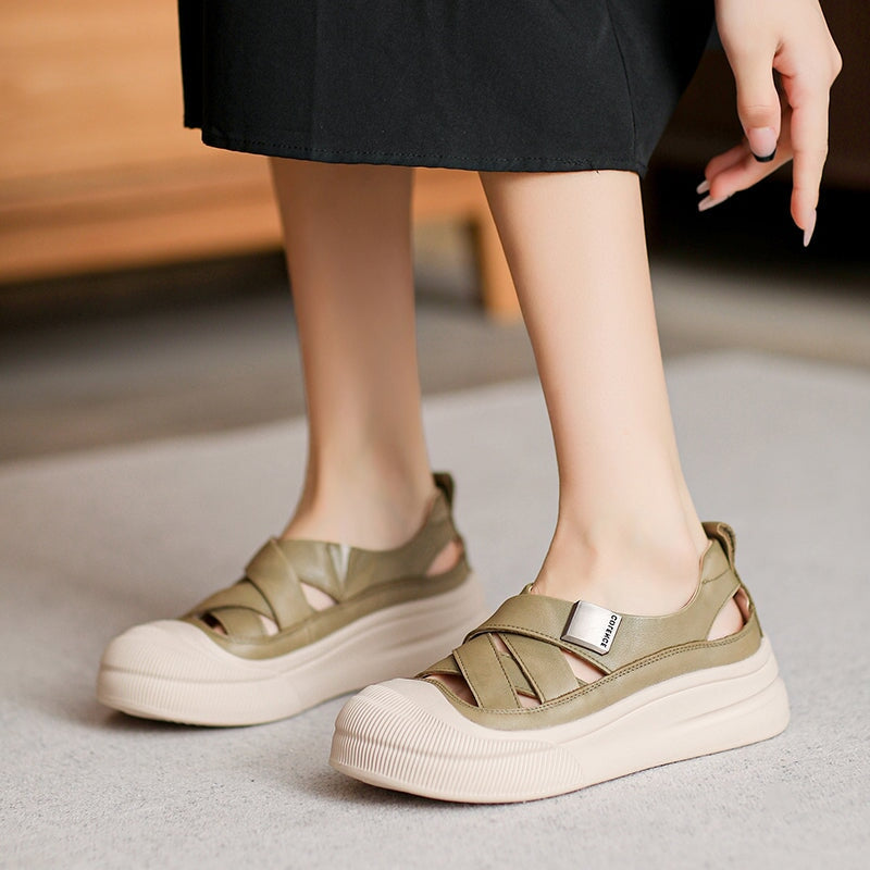 Platform Hollow-Out Low-top Roman Sandals Cow Leather Fisherman Shoes in Beige/Yellow/Green
