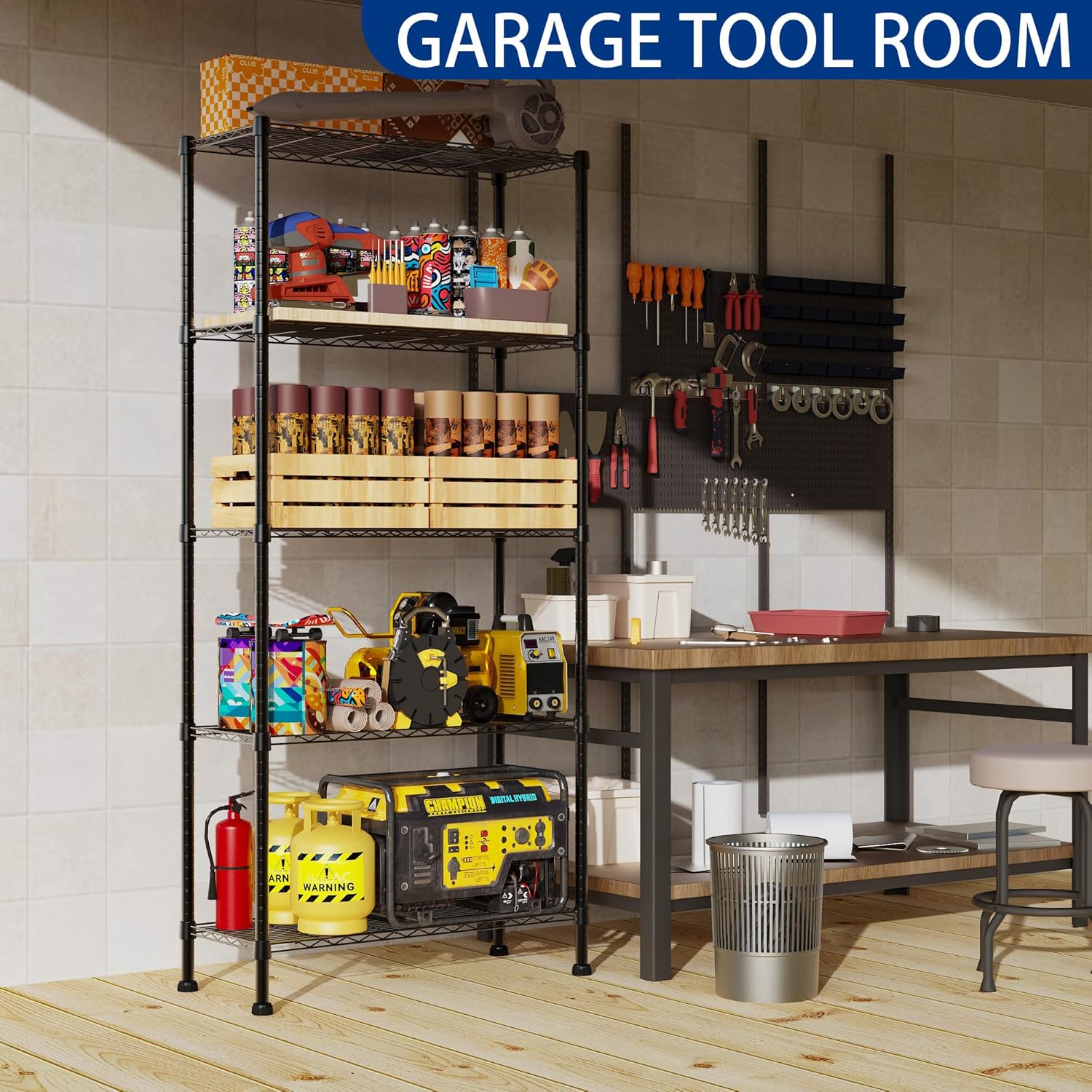 REGILLER 5-Wire Shelving Metal Storage Rack Adjustable Shelves,Standing Storage Shelf Units for Laundry Bathroom Kitchen Pantry Closet(Black,11.8