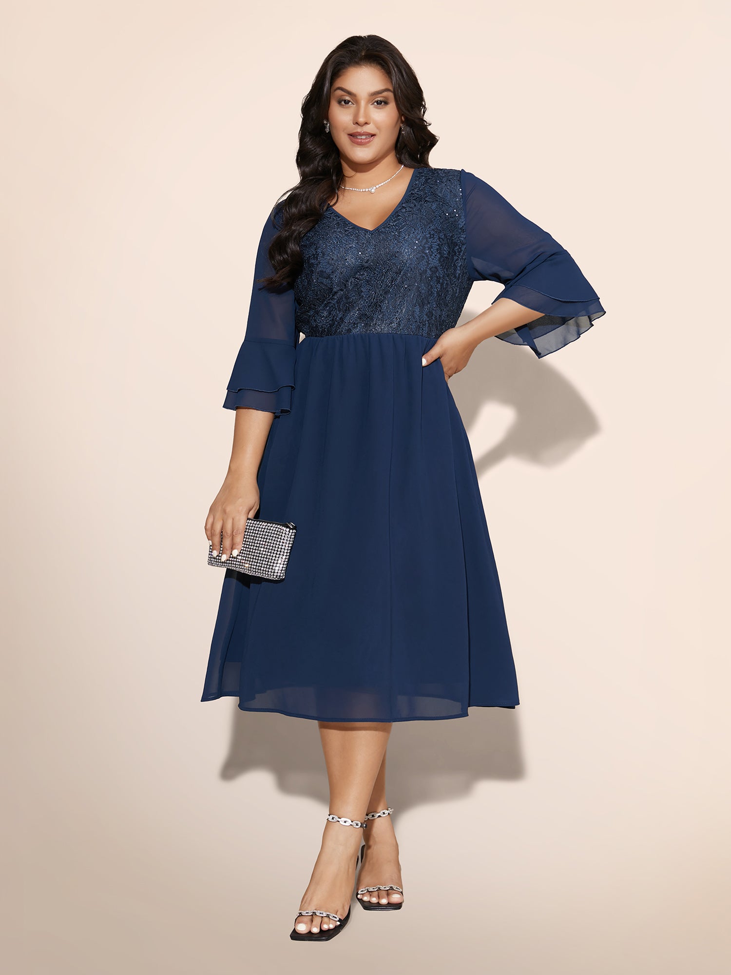 Patchwork Sequin Tiered Ruffle Sleeve Dress