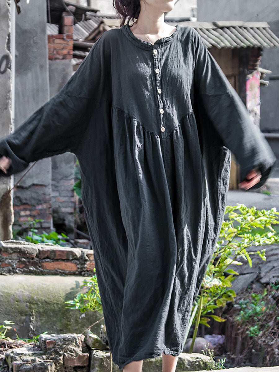 Women Vintage Pure Color Loose Cotton Linen Dress