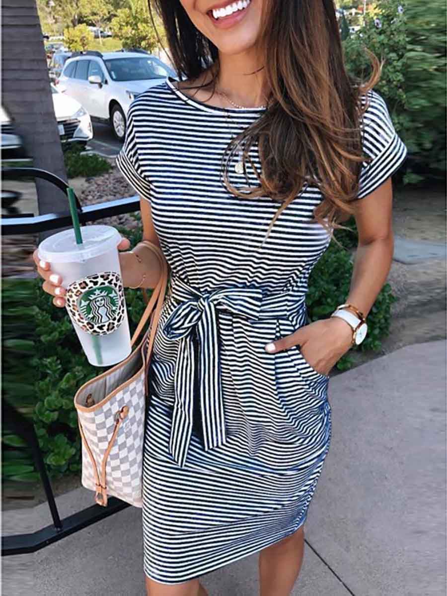 Short Sleeve Pinstripe Round Neck Casual Wear Dress