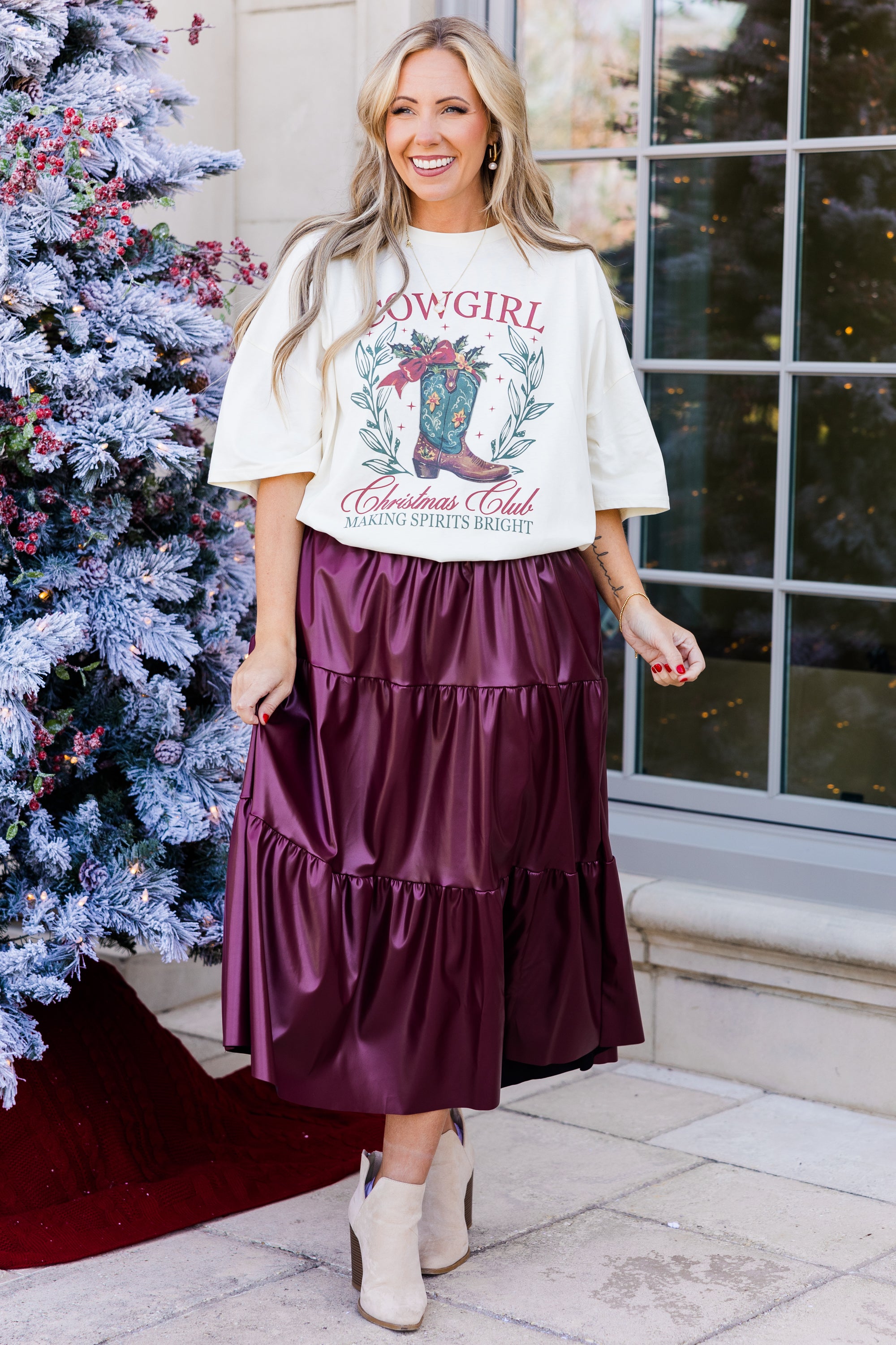 Cowgirl Christmas Boyfriend Tee. Ivory