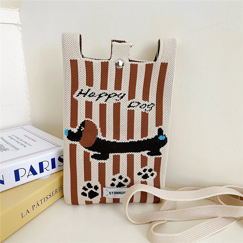 Women's Small Knit Cartoon Cute Bucket Lock Clasp Phone Wallets