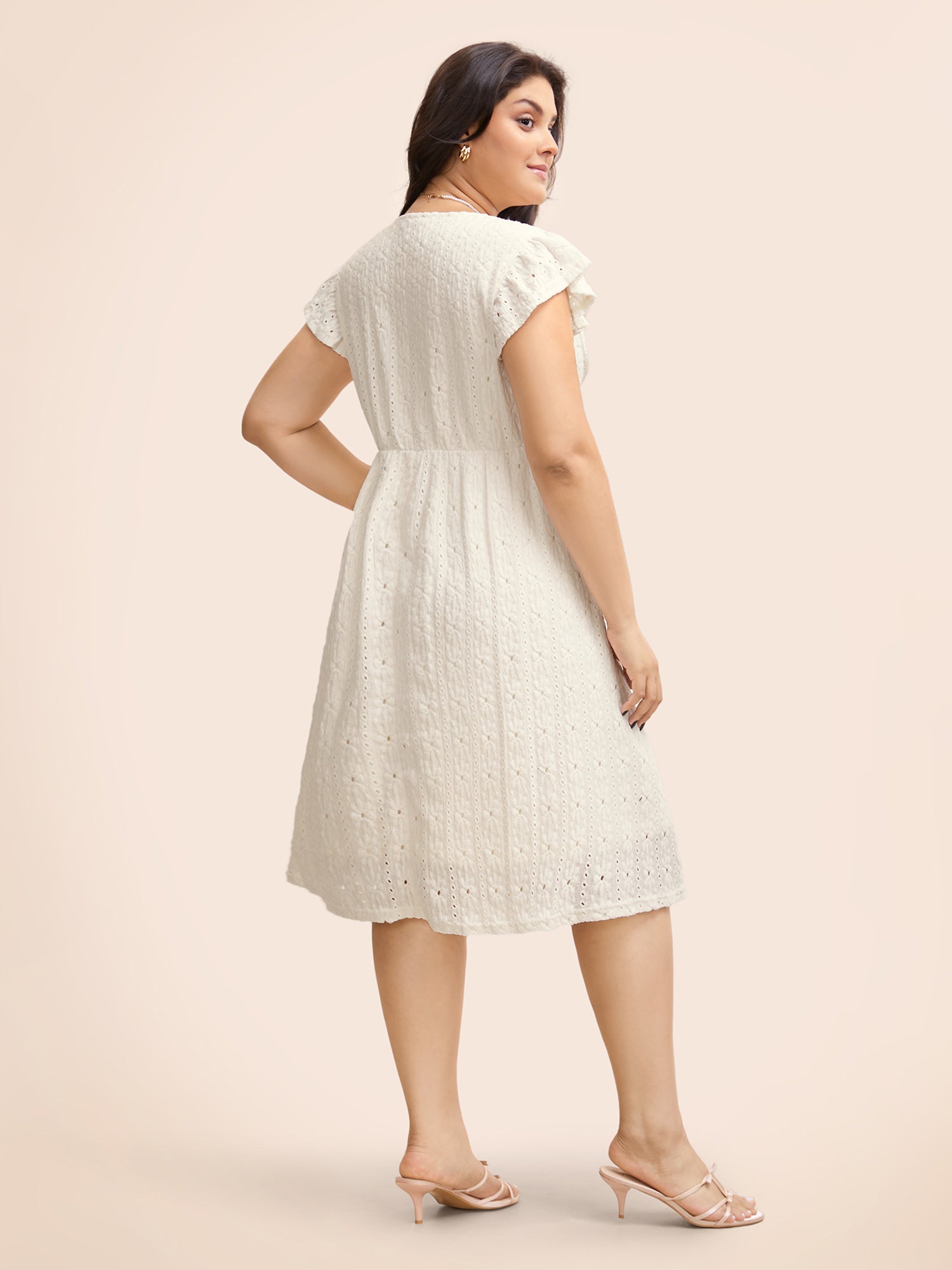 Textured Button Detail Cap Sleeve Dress