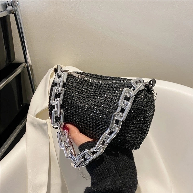 Women's Pu Leather Solid Color Fashion Rhinestone Square Zipper Crossbody Bag
