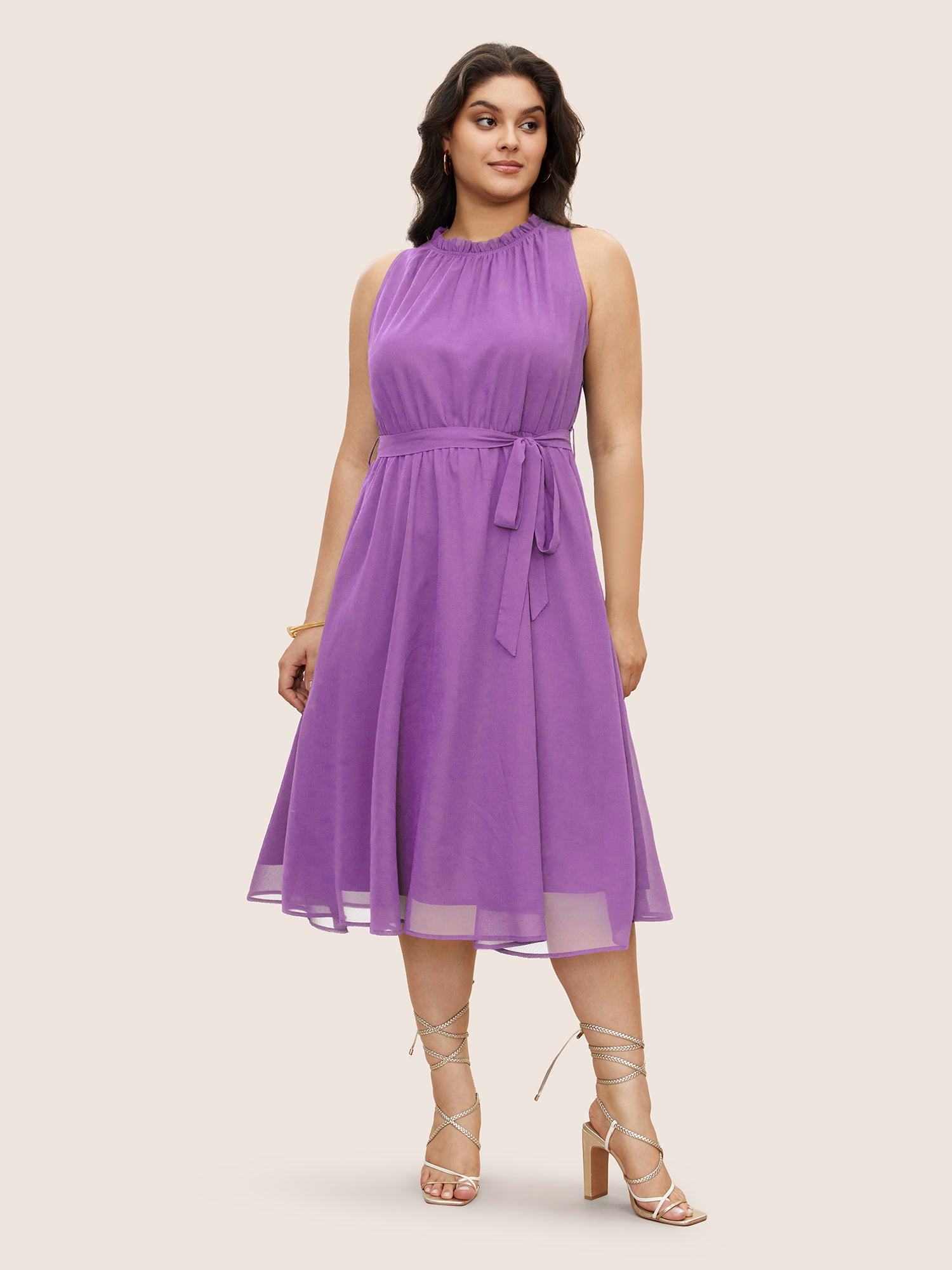 Plain Sleeveless Frill Trim Pocket Belted Mock Neck Dress