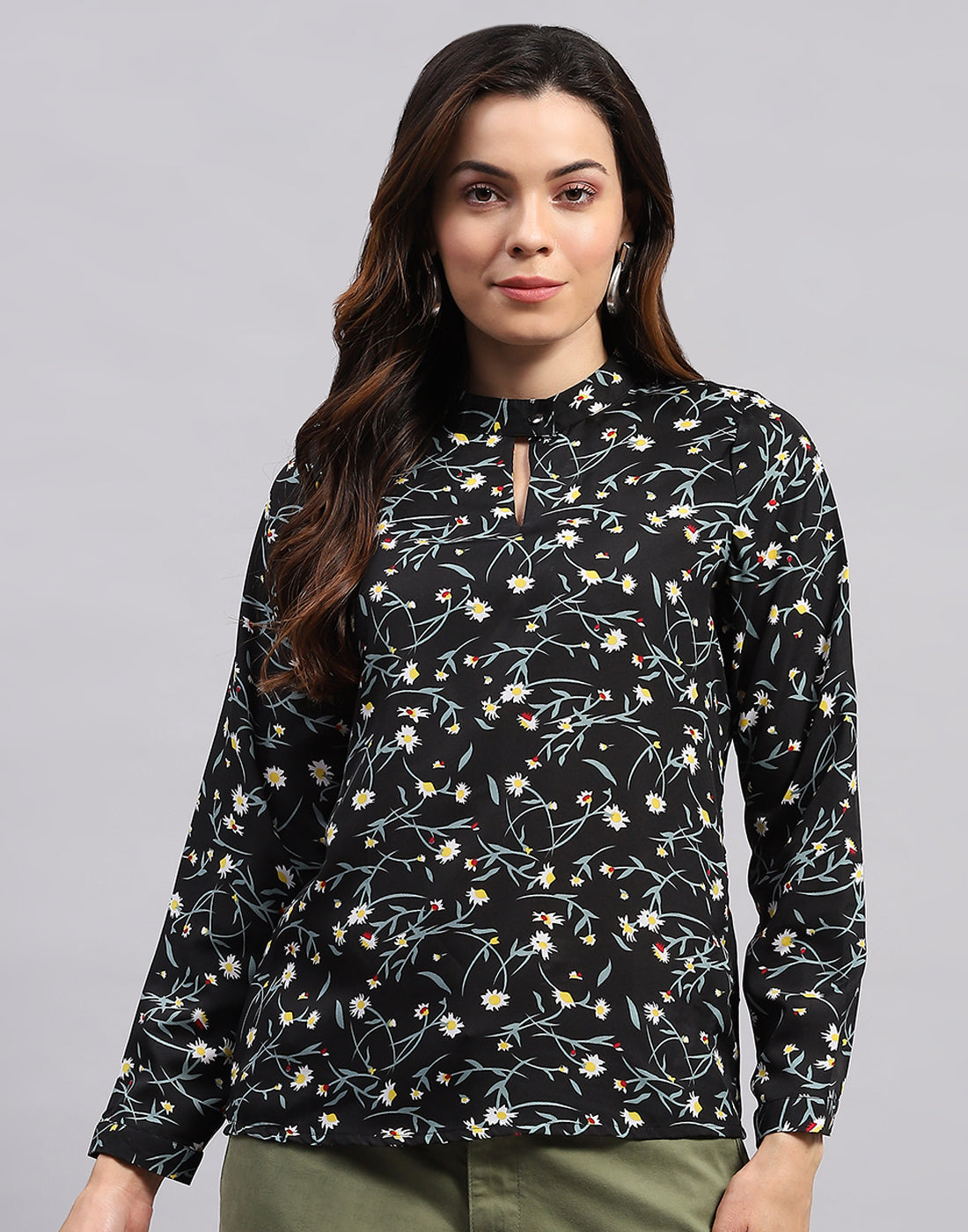 Women Black Printed Band Collar Full Sleeve Top