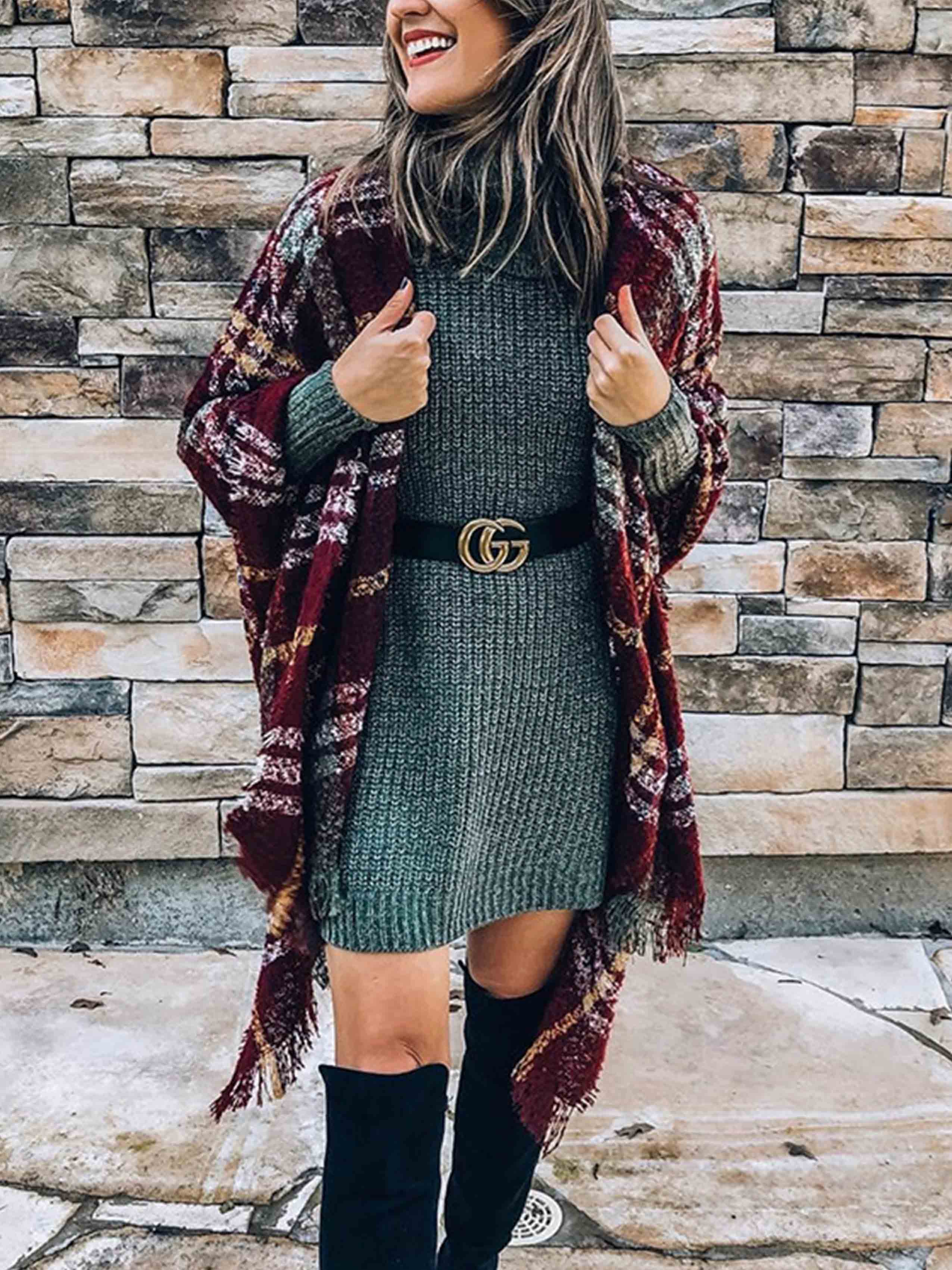 Plaid Fringed Knit Shawl Coat