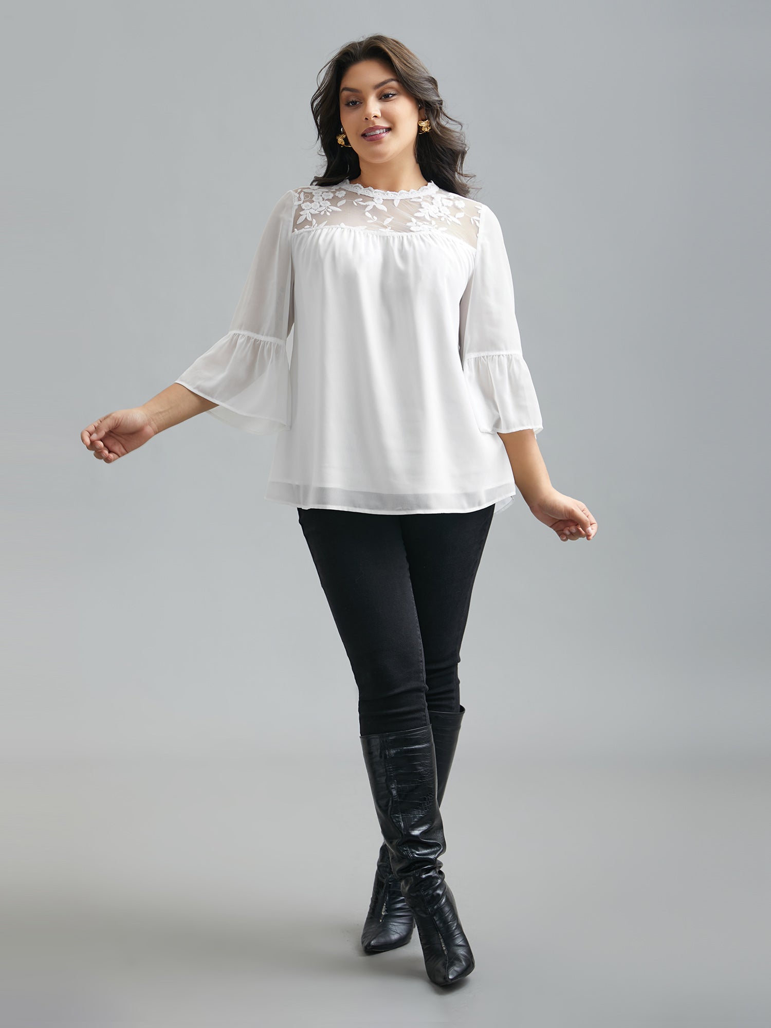 Dreamy Lace Neck Flared Sleeve Chiffon Blouse