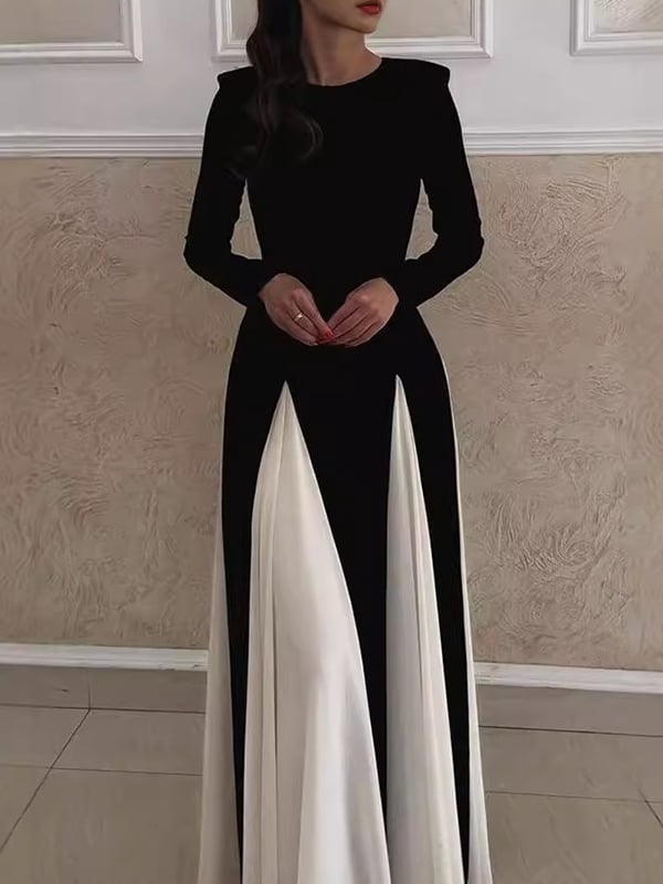 A-Line Long Sleeves Contrast Color Elasticity Pleated Split-Joint Round-Neck Evening Dresses Maxi Dresses