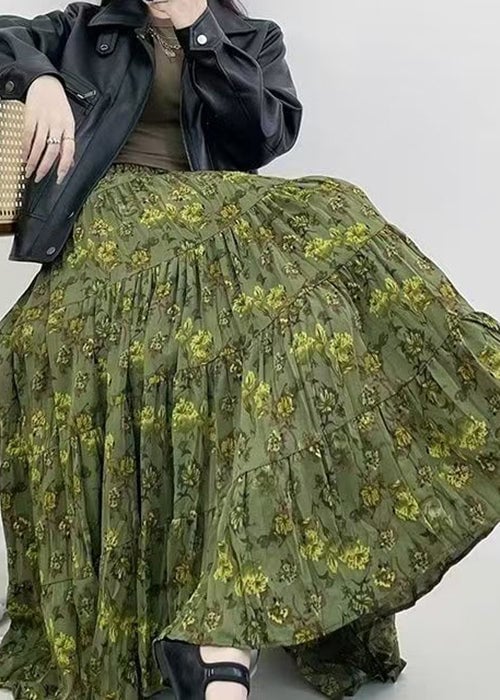 Vintage Green Print Wrinkled Elastic Waist Cotton Skirts Spring