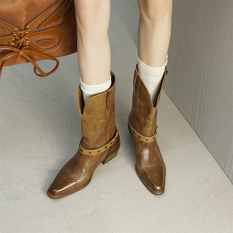 Top Cow Leather Western Boots Mid Calf Boots Block Heel - Khaki/Black Cowgirl Boots